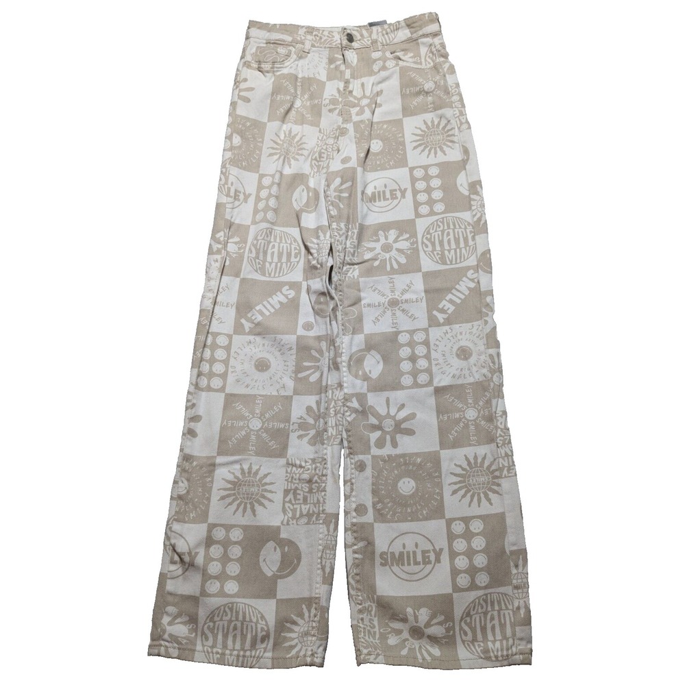 SMILEY X‎ H&M Women Size 2 Beige Cotton Allover Print Wide Leg Jeans